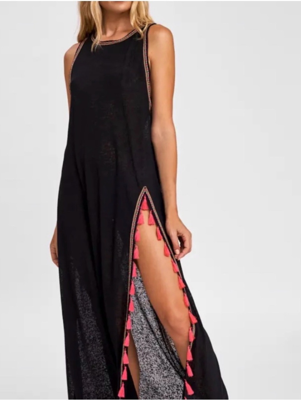 Pitusa Black Maxi Swim Cover-Up with Pink Tassel Trim